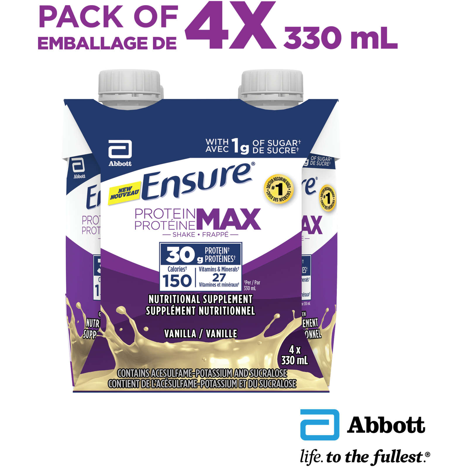 Protein Max 30 g Nutrition Shake Supplement, Vanilla Protein Drink with 30 g of High-Quality Protein, 1 g of Sugar, 330 mL (Pack of 4), 1320 mL