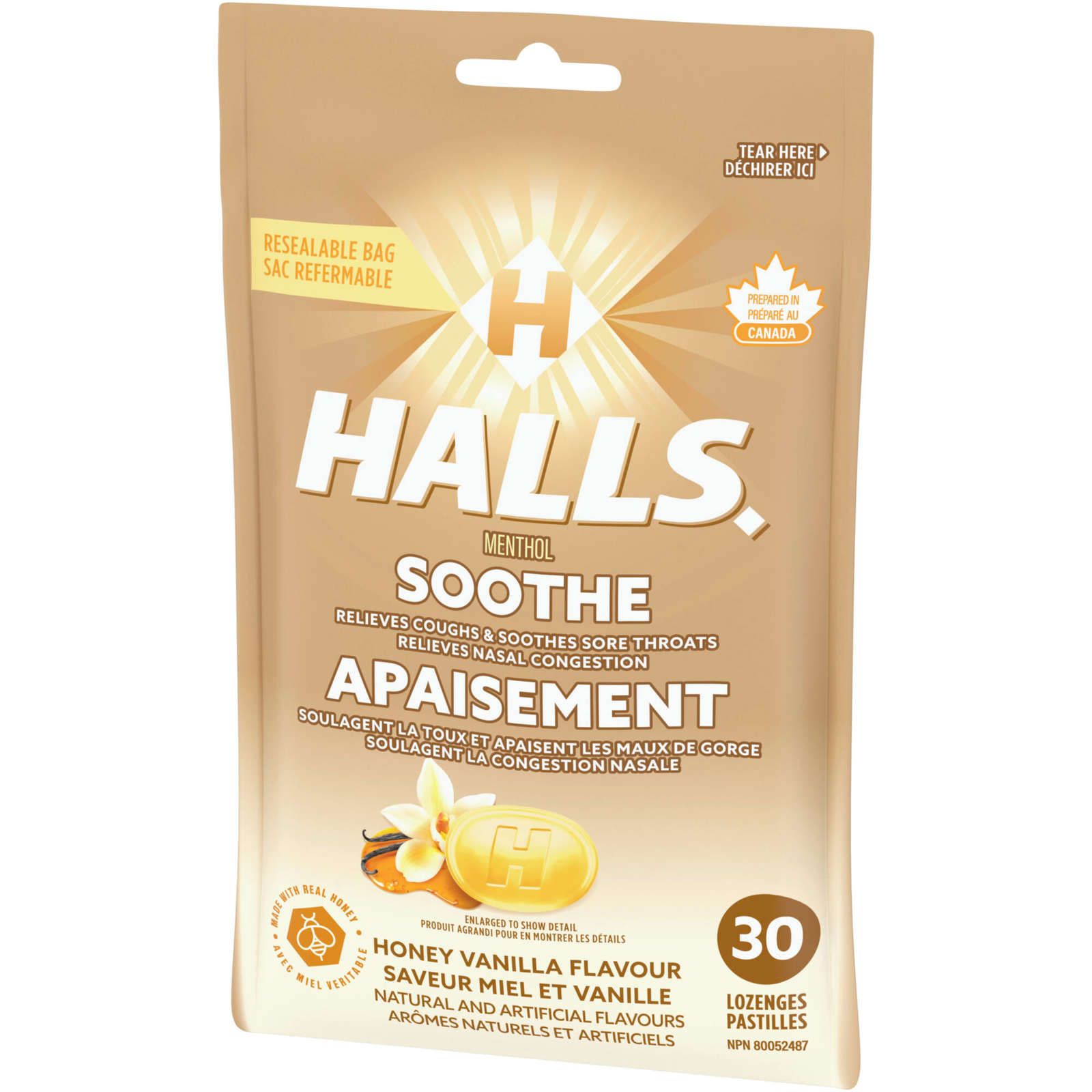 Halls Soothe Menthol Honey Vanilla Flavour, 30 Cough Drops