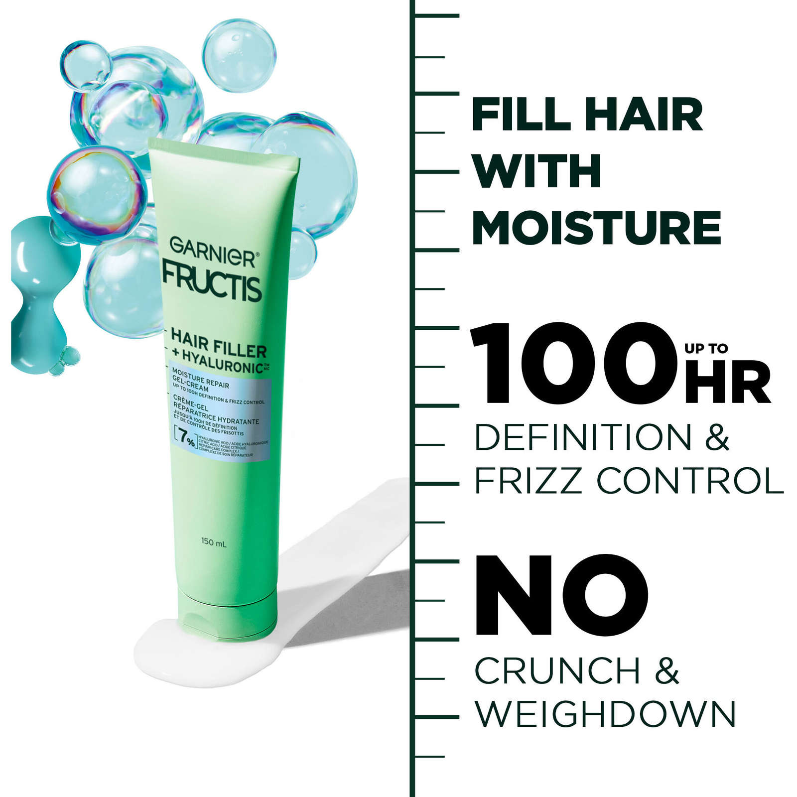 Fructis Hair Filler + Hyaluronic Acid Moisture Repair Sulfate-Free Cream-Gel, for Curly and Wavy Hair, Locks In Moisture & up to 100 Hours of Frizz Control