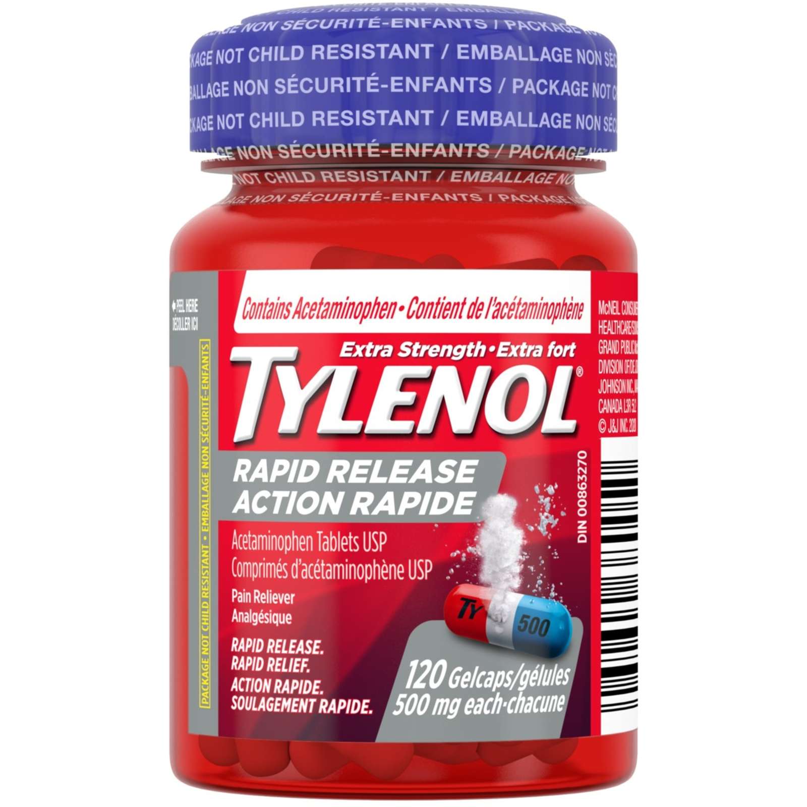 Tylenol Extra Strength Pain Relief Acetaminophen 500mg Rapid Release Gels, 120 Count