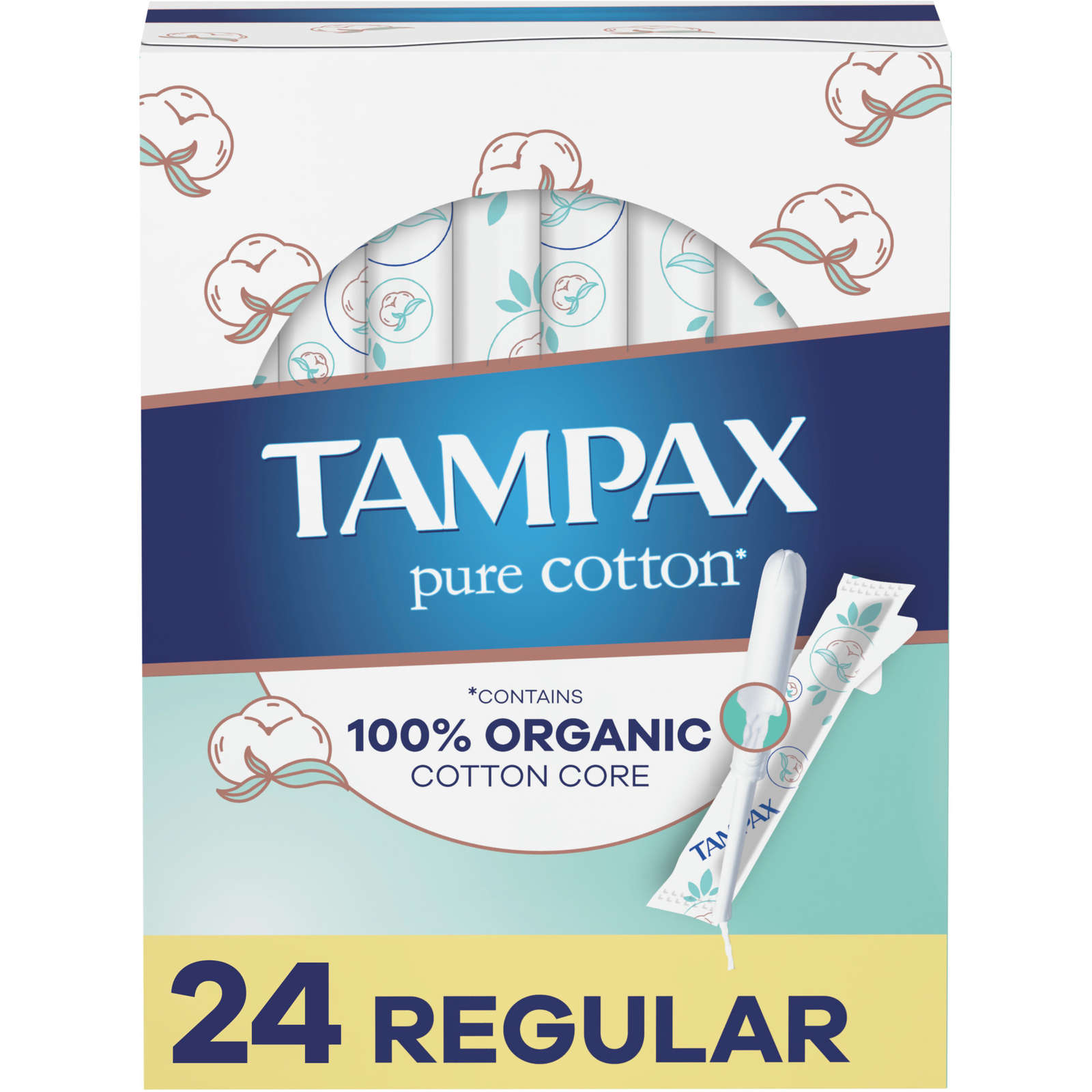 Pure Cotton Tampons, Contains 100% Organic Cotton Core, Regular Absorbency, 24 Ct, Unscented