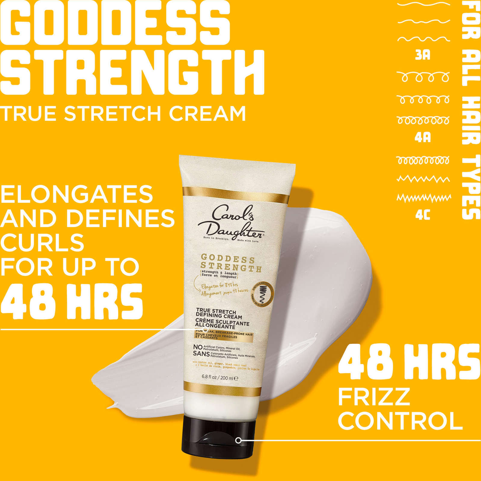 Goddess Strength True Stretch Defining Hair Cream, Moisturizes and Define Curly and Wavy Hair for Up To 48HR, with Castor Oil