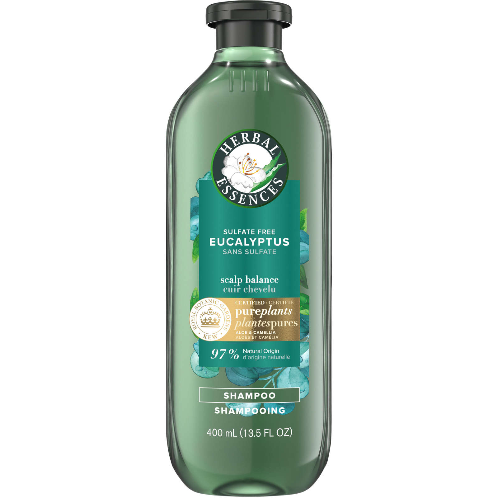 Herbal Essences Eucalyptus Sulfate Free Shampoo, Scalp Balance, 400 mL, with Certified Camellia Oil and Aloe Vera, For All Hair Types, Especially with Dry Scalp