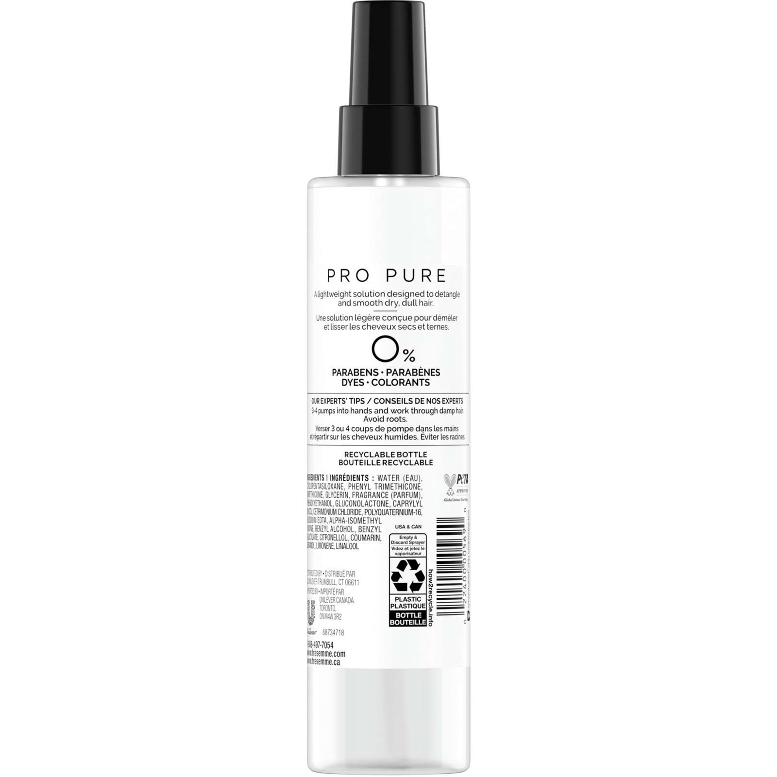 TRESemmé Pro Pure Leave-in Conditioner Spray for dry, dull hair Detangle & Smooth paraben free & dye free hair detangler 180 ml