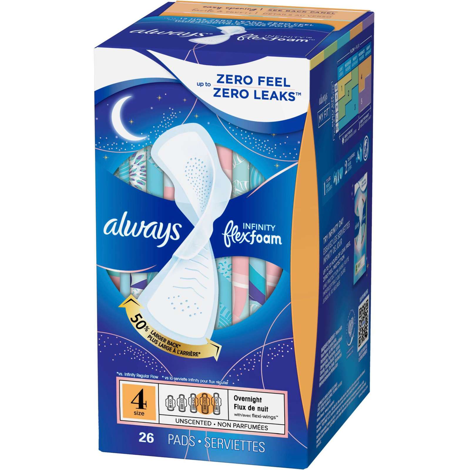 Always Infinity FlexFoam Pads for Women Size 4 Overnight Absorbency, Up to 12 hours Zero Leaks, Zero Feel Protection, with Wings Unscented