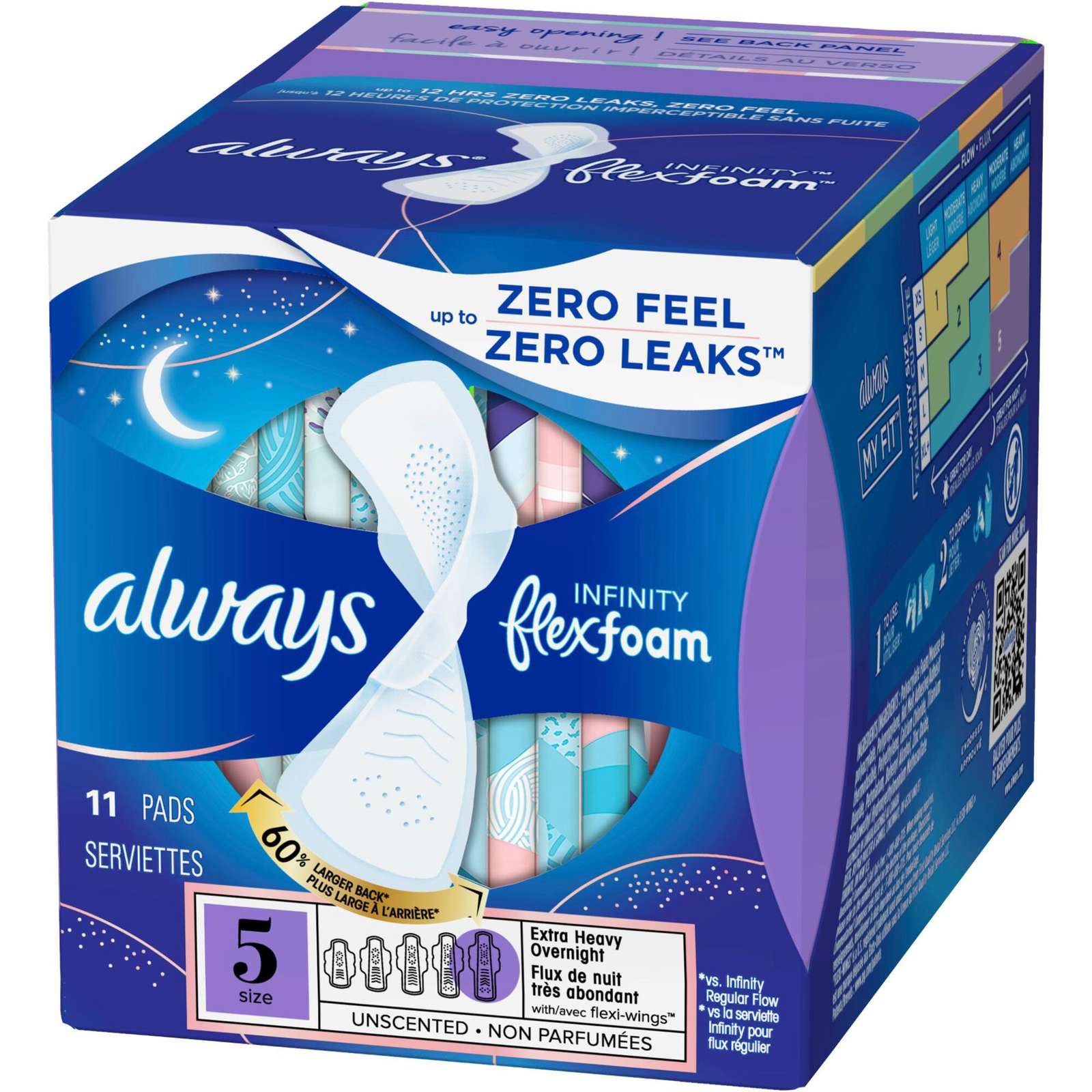 Always Infinity FlexFoam Pads for Women Size 5 Extra Heavy Overnight Absorbency, Up to 12 hours Zero Leaks, Zero Feel Protection, with Wings Unscented