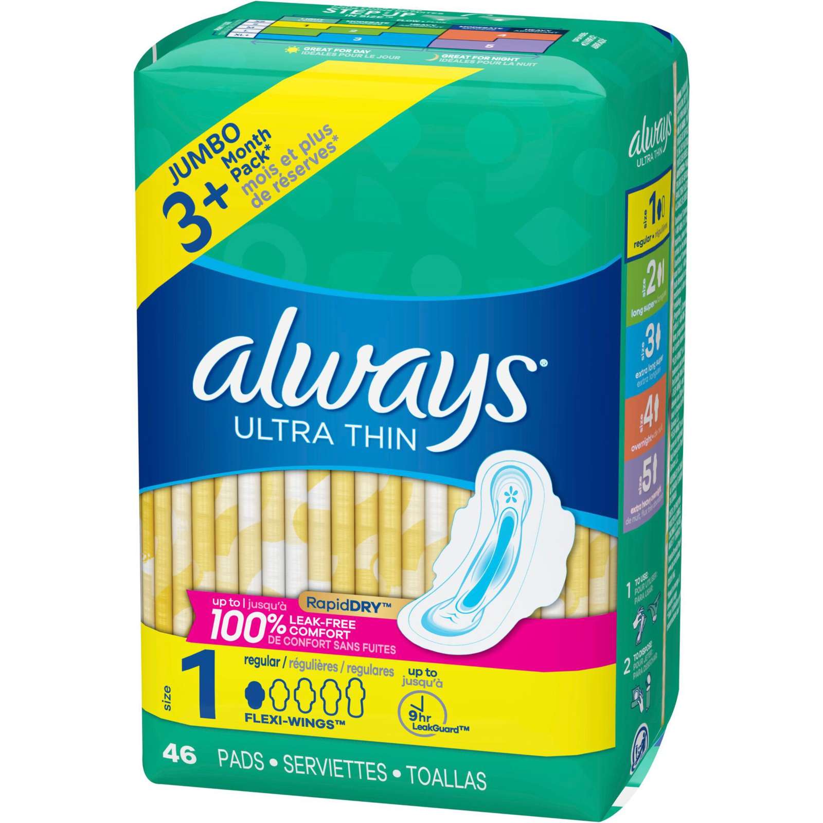 Always Ultra Thin Pads Size 1 Regular Absorbency Unscented with Wings