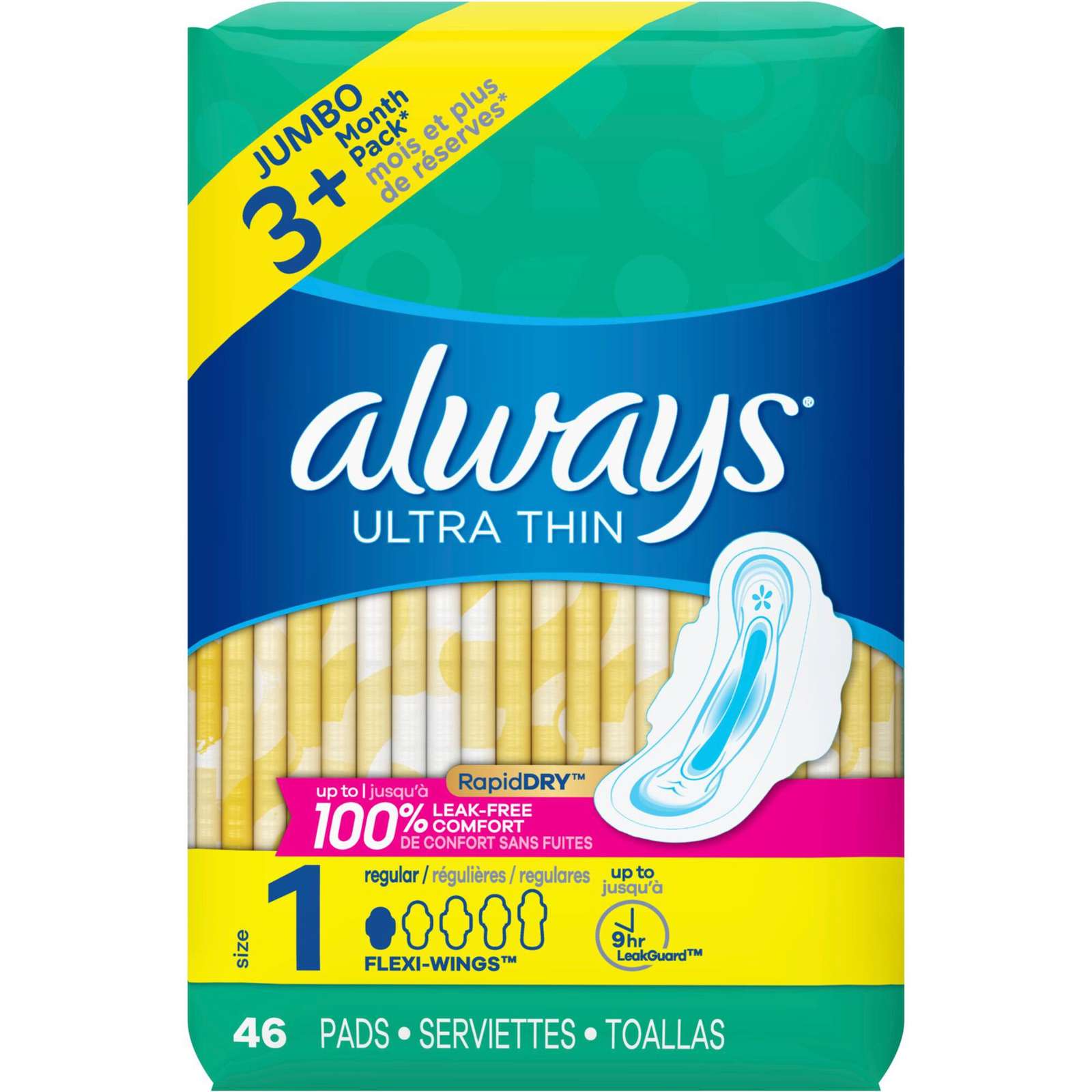 Always Ultra Thin Pads Size 1 Regular Absorbency Unscented with Wings