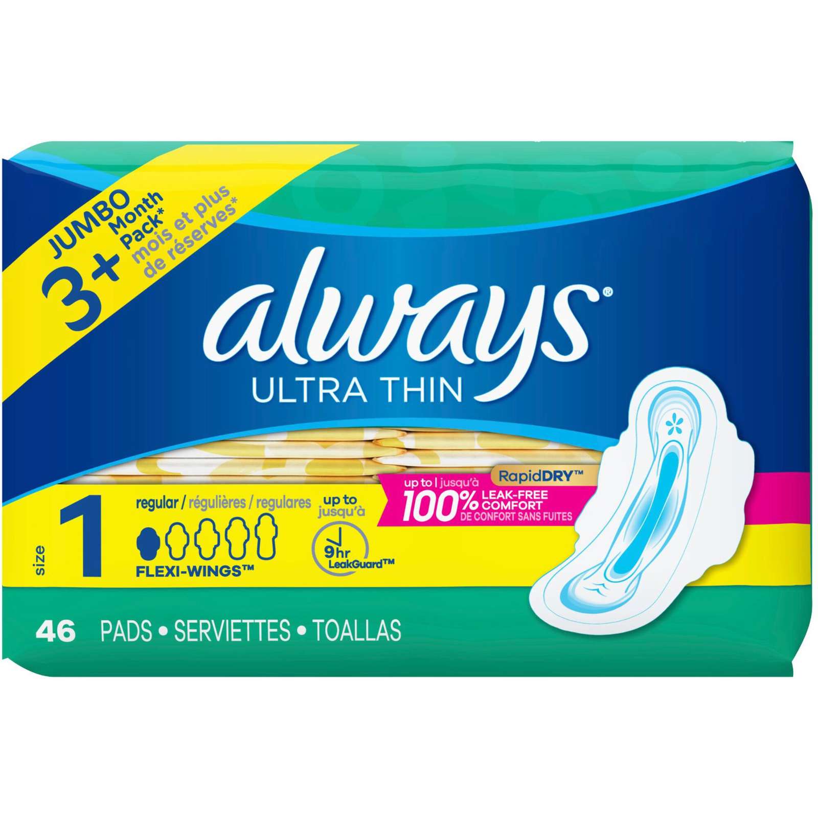 Always Ultra Thin Pads Size 1 Regular Absorbency Unscented with Wings