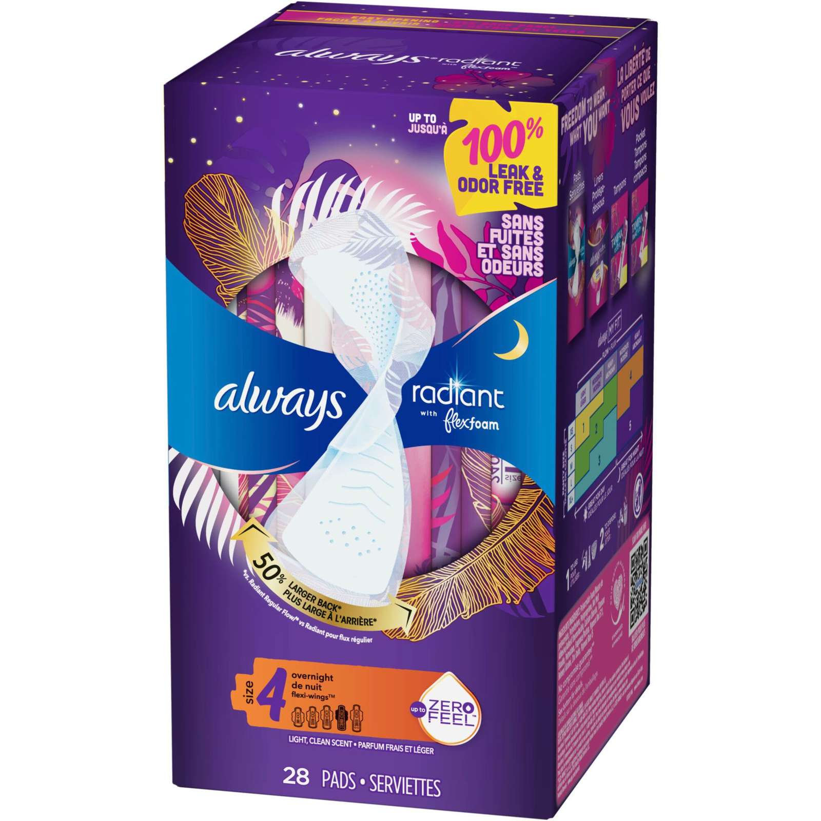 Always Radiant FlexFoam Pads for Women, Size 4, Overnight Absorbency, 100% Leak & Odor Free Protection is possible, with Wings, Scented