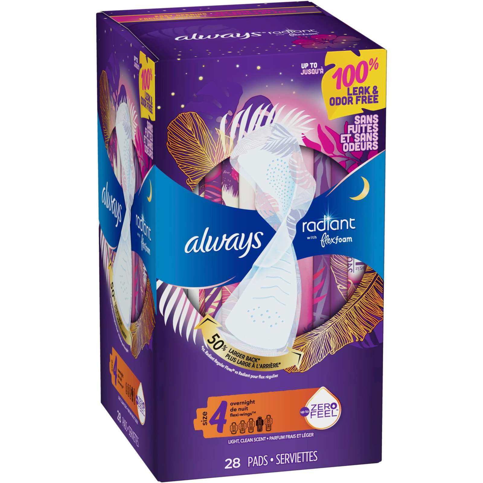 Always Radiant FlexFoam Pads for Women, Size 4, Overnight Absorbency, 100% Leak & Odor Free Protection is possible, with Wings, Scented