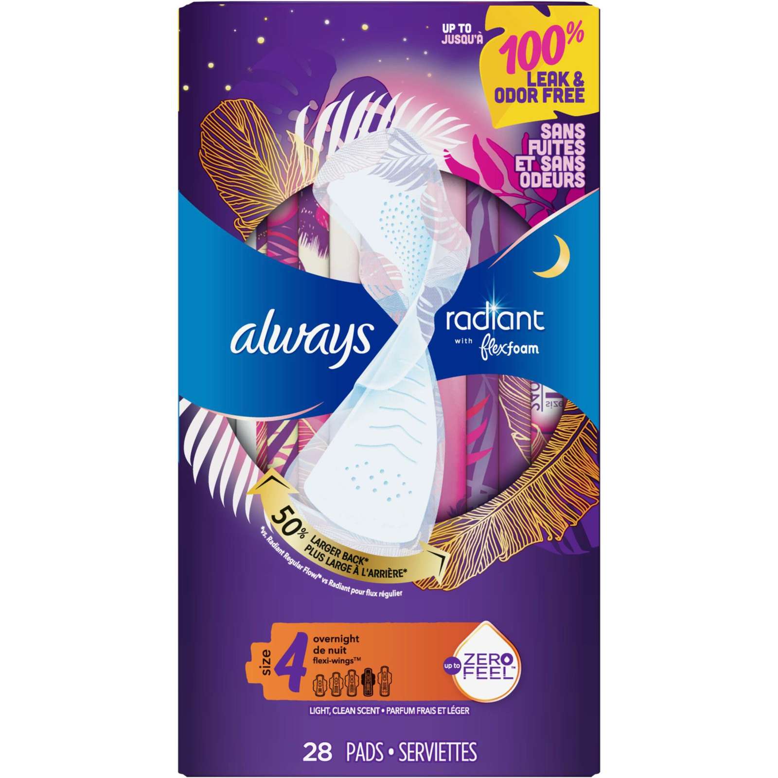 Always Radiant FlexFoam Pads for Women, Size 4, Overnight Absorbency, 100% Leak & Odor Free Protection is possible, with Wings, Scented