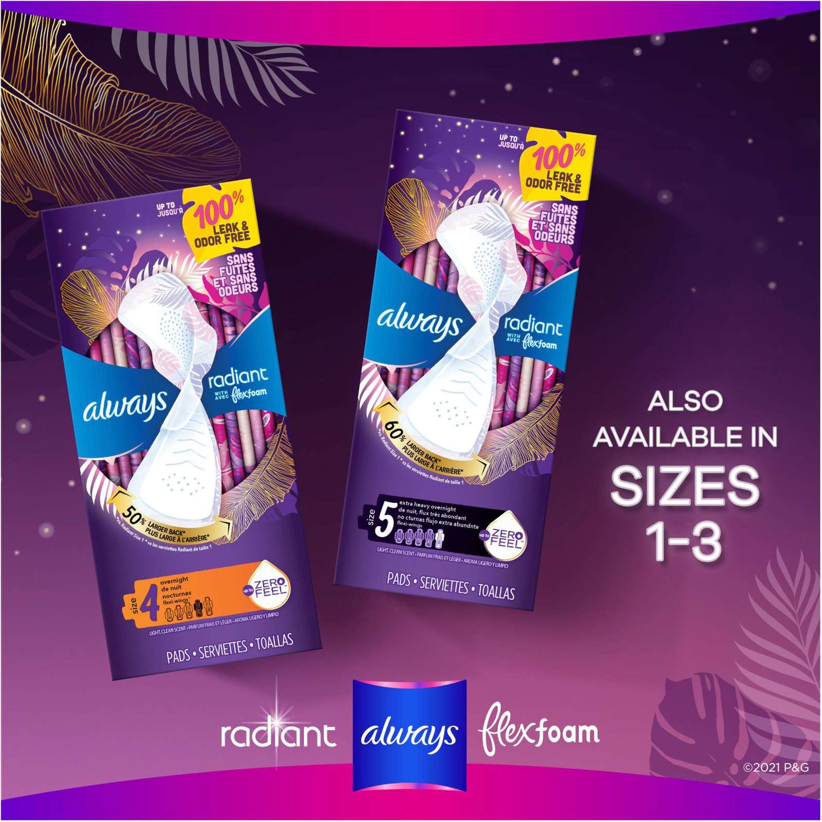 Always Radiant FlexFoam Pads for Women, Size 4, Overnight Absorbency, 100% Leak & Odor Free Protection is possible, with Wings, Scented