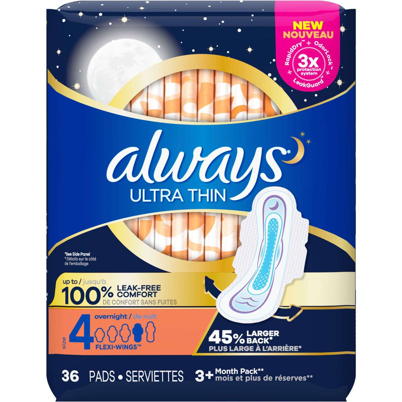 Always Ultra Thin Pads Size 4 Overnight Absorbency Unscented with Wings