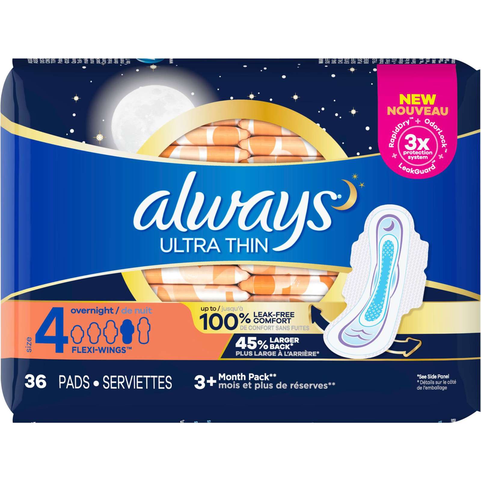 Always Ultra Thin Pads Size 4 Overnight Absorbency Unscented with Wings