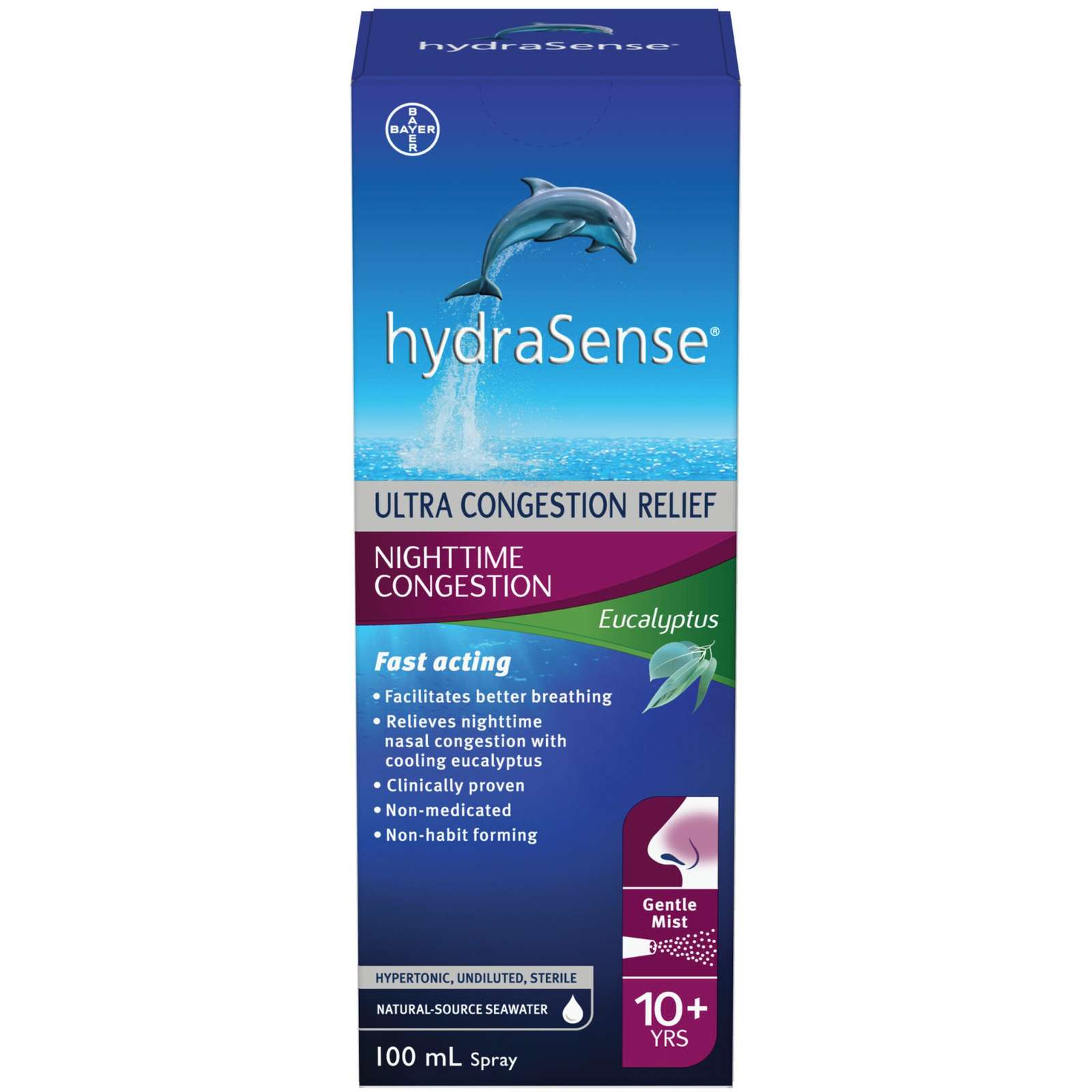 hydraSense Nighttime Congestion Nasal Spray - with Cooling Eucalyptus, Ultra Nasal Congestion Relief Saline Spray, Fast Acting, Clinically-Proven, Non-Medicated, Non-Habit forming, Saline Solution, Natural Source Seawater