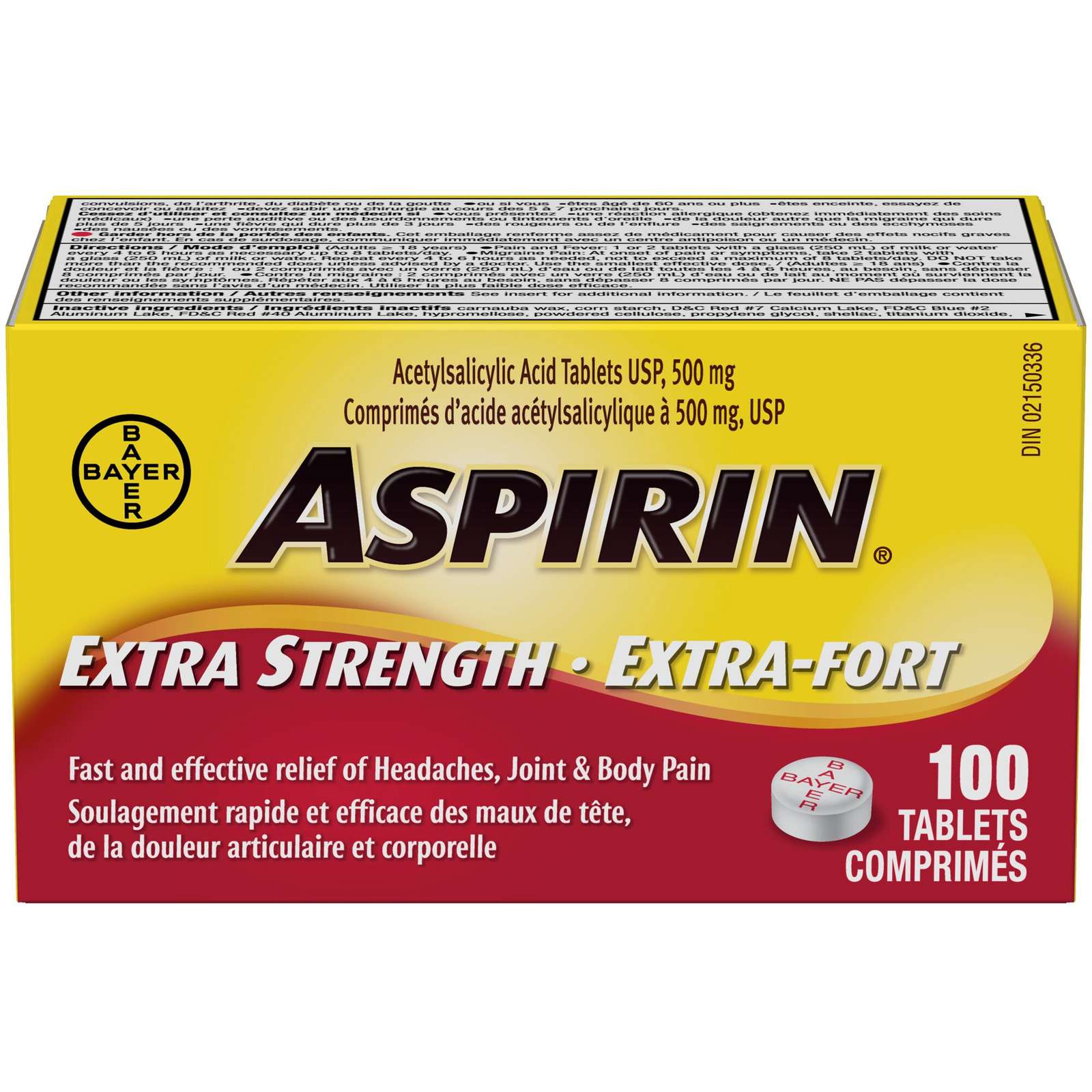 ASPIRIN Extra Strength 500mg, Fast & Effective Relief of Migraines, Headaches, Joint & Body Pain, Fever, Pain from Cold & Flu