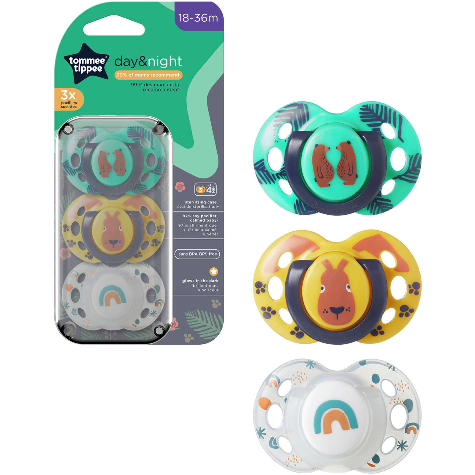 Fun Style Pacifier and Fun Style Night Glow in the Dark Pacifier, Symmetrical Design, BPA-Free, Includes Sterilizer Box