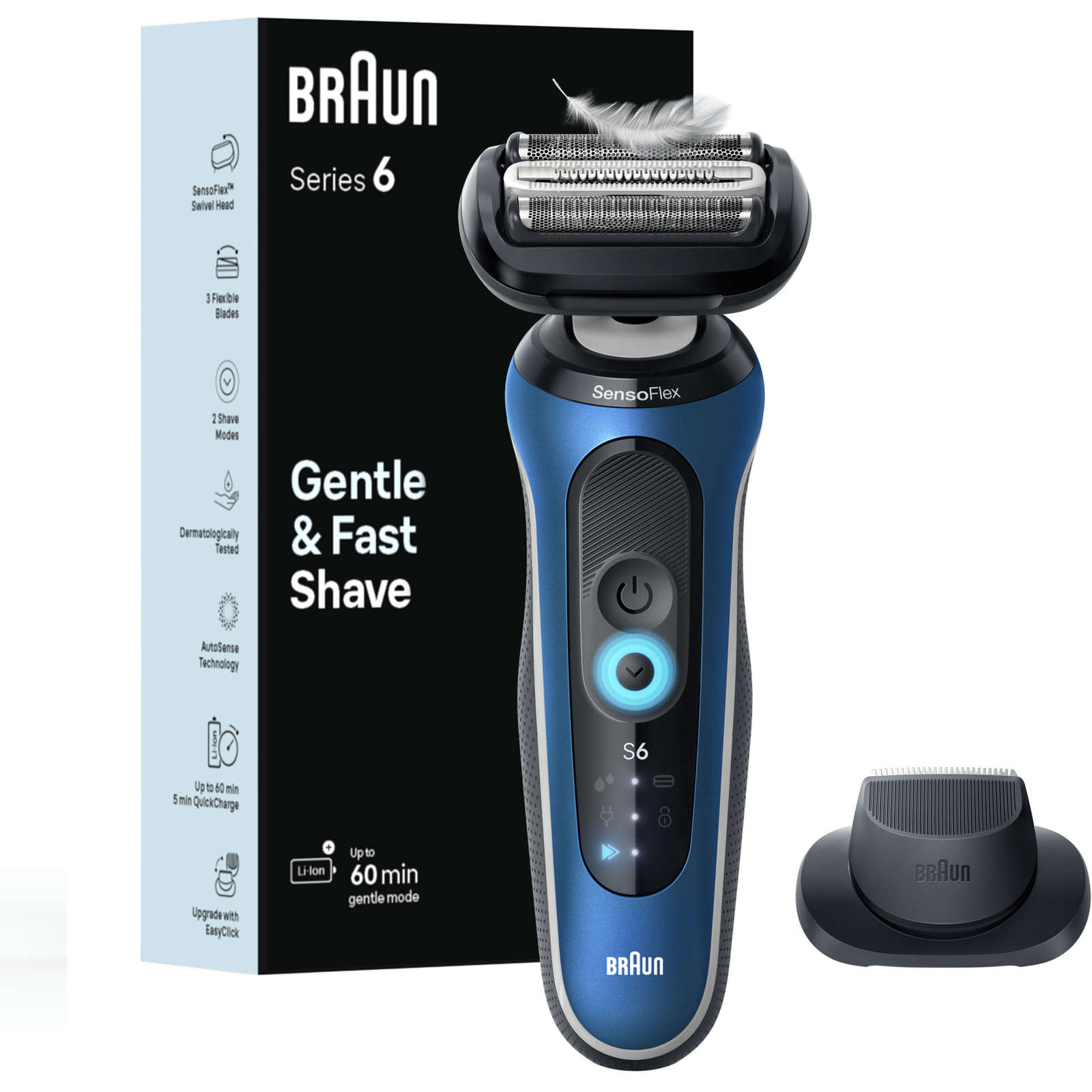 Electric Shaver for Men, Series 6 6120s, Wet & Dry Shave, Turbo & Gentle Shaving Modes, Foil Shaver, Engineered in Germany, With Precision Trimmer & Pouch, Blue