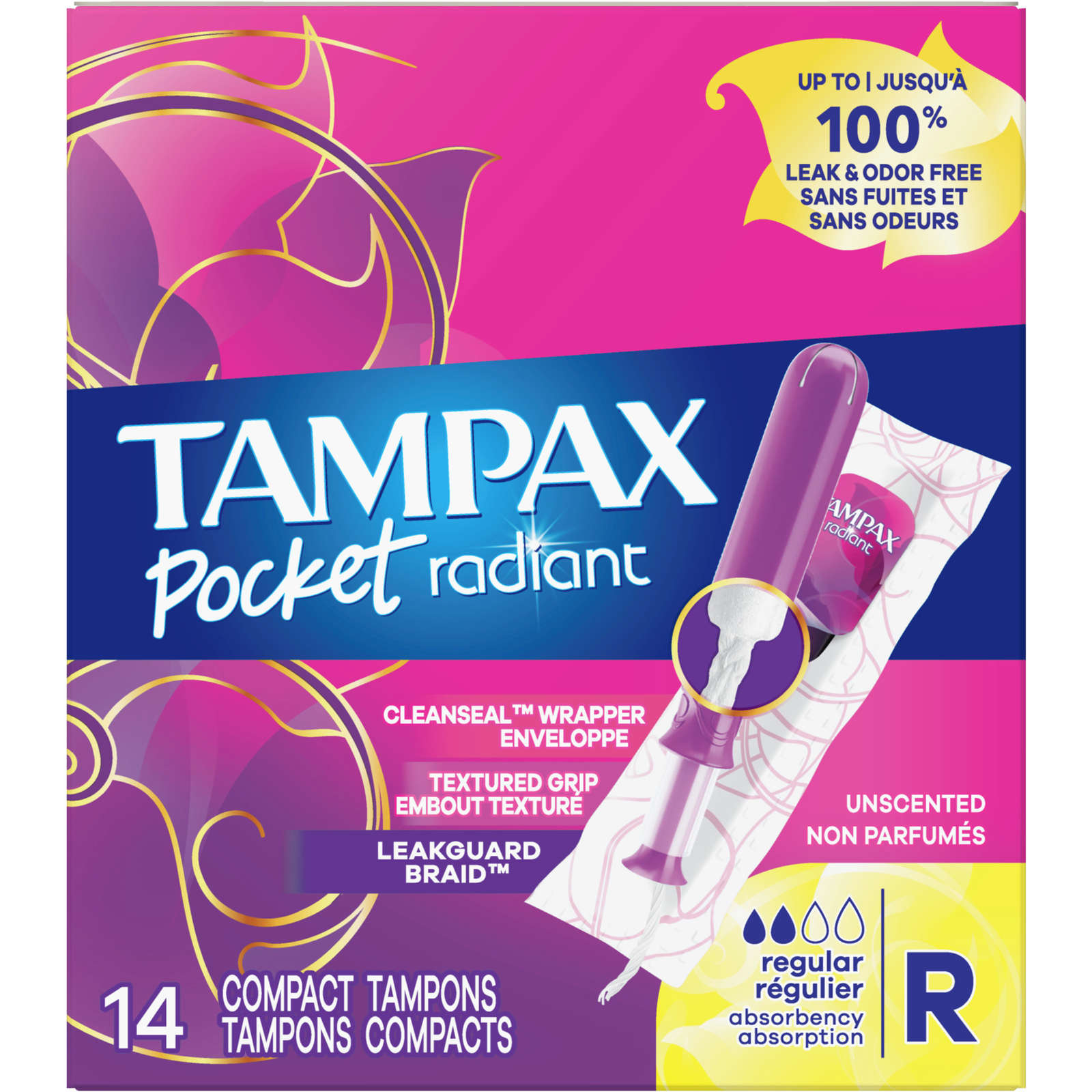 Tampax Pocket Radiant Compact Tampons Regular Absorbency with BPA-Free Plastic Applicator and LeakGuard Braid, Unscented